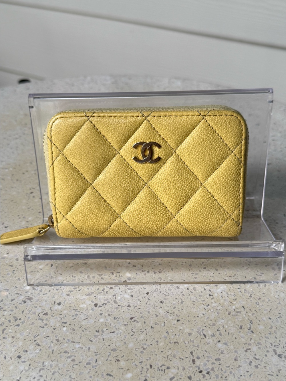 CHANEL Classic Zipped Coin Purse Compact Wallet Yellow Quilted Caviar Leather CC